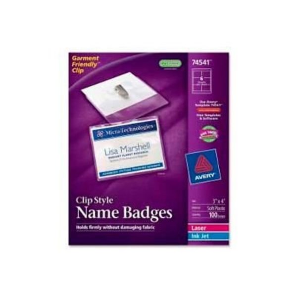 Avery Avery® Clip Style Name Badges, 3" x 4", Clear, 100/Box 74541